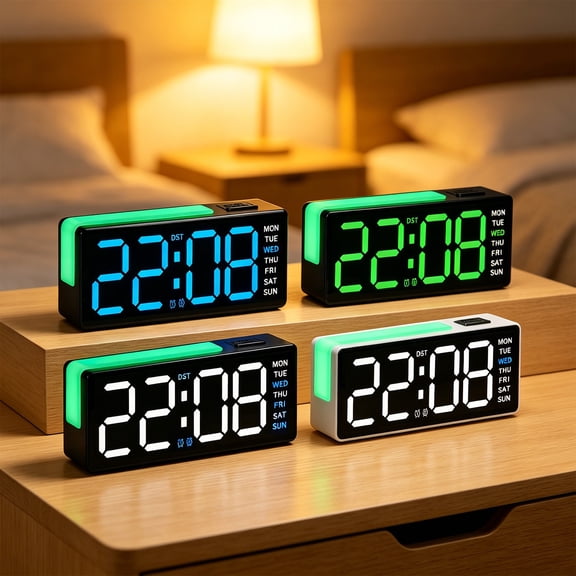 DigitalClock LED Display - Electronic Desk Clock Multi Functional Date Temperature Time, Adjustable Brightness, Dual Power, DST, Bedroom Office