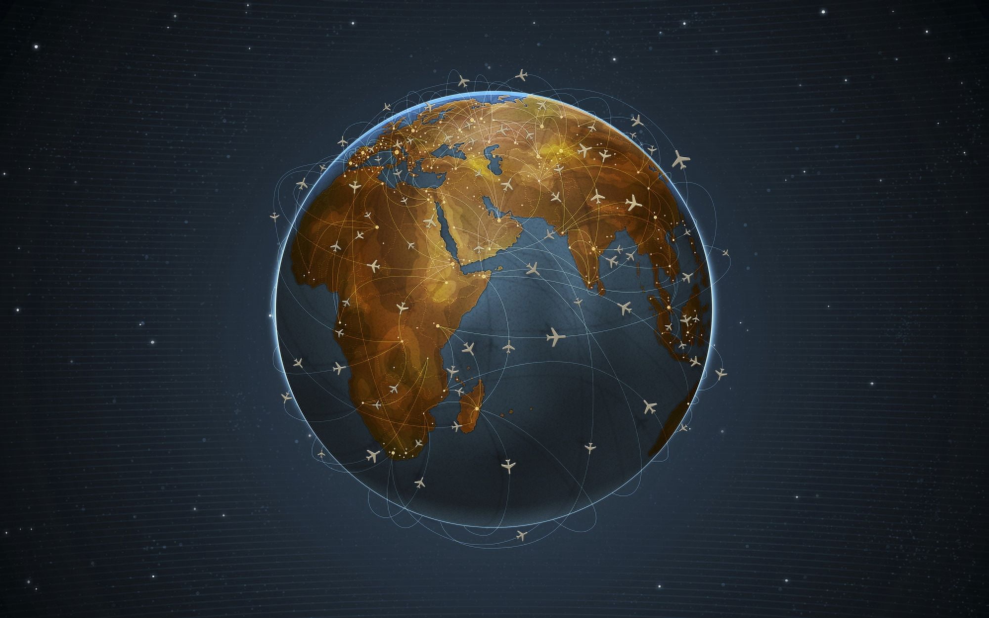 Digitally generated image of airline flight paths around the globe Canvas Art - Vlad GerasimovStocktrek Images (36 x 23)