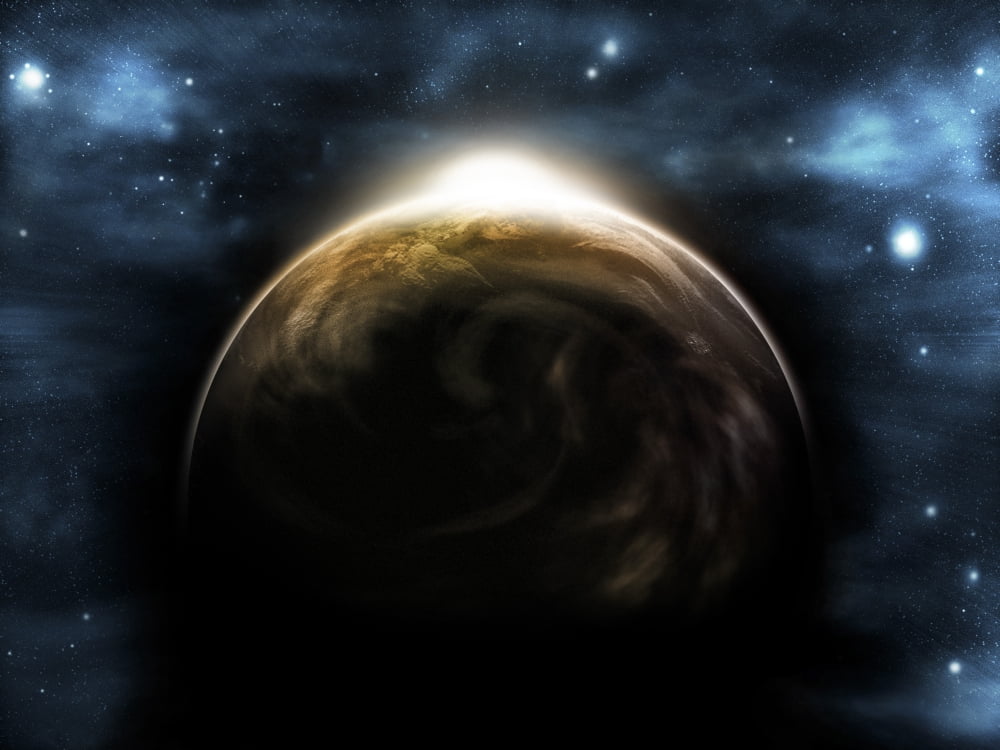 Digitally generated image of the sunrise over a planet Canvas Art - Vlad GerasimovStocktrek Images (33 x 25)
