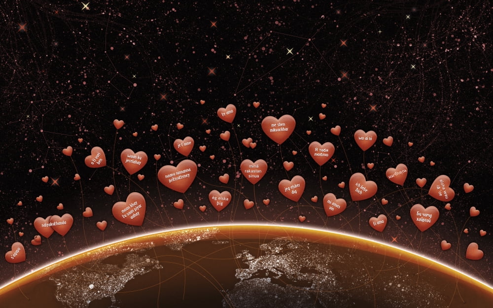 Digitally generated image of valentine hearts over Earths horizon at night Canvas Art - Vlad GerasimovStocktrek Images (18 x 12)