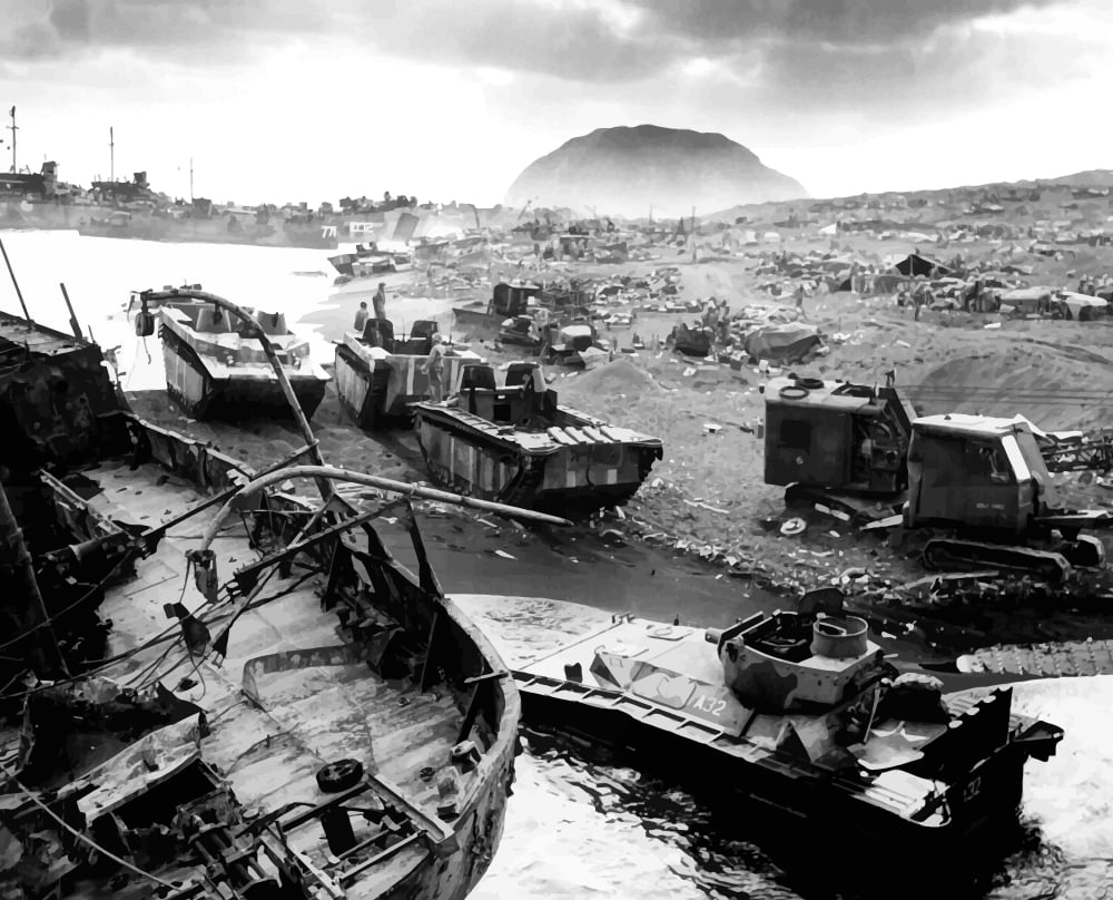 Digitally vector photo of the wreckage during The Battle of Iwo Jima Canvas Art - John ParrotStocktrek Images (32 x 26)