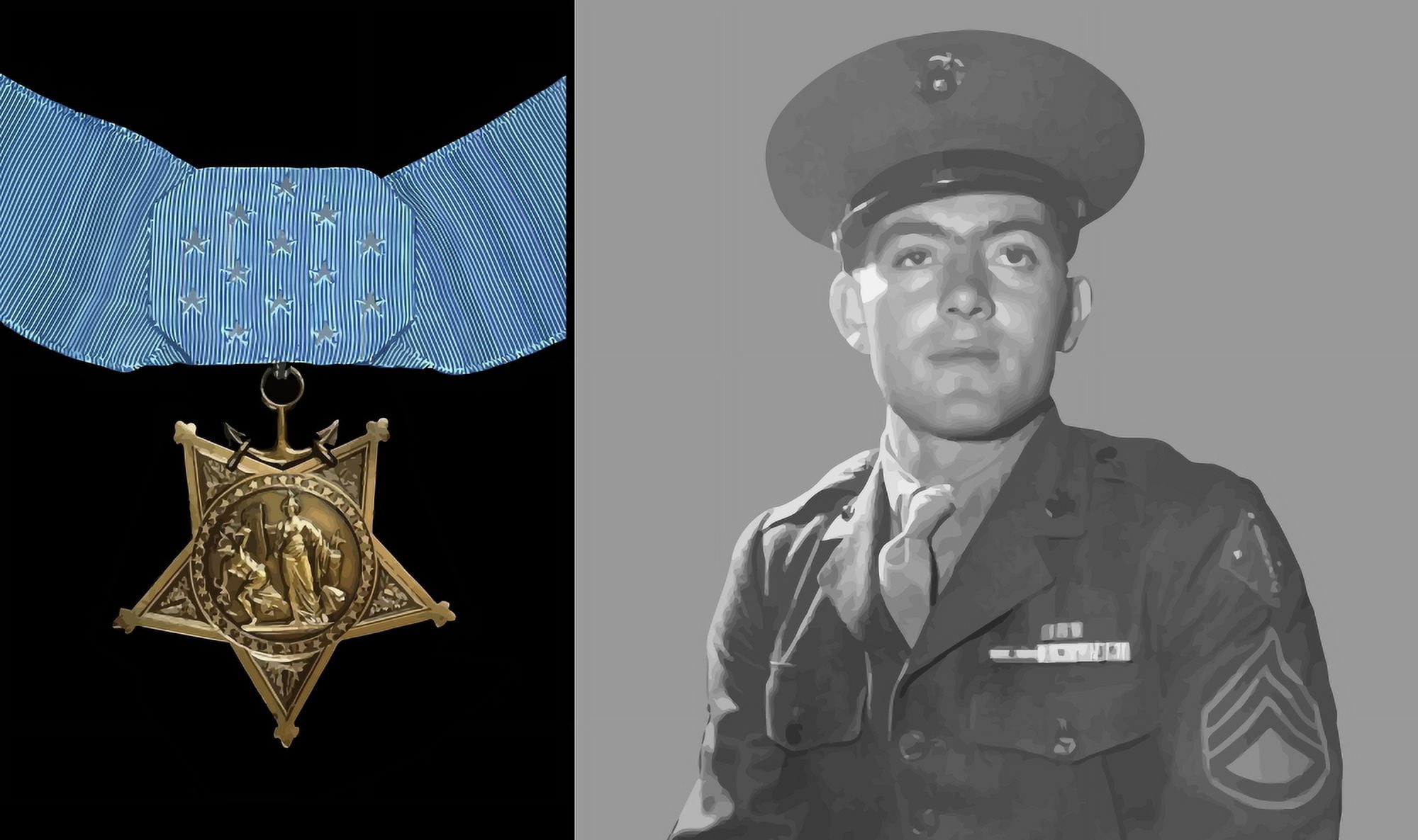 Digitally vector portrait of Sergeant John Basilone and the Medal of Honor Canvas Art - John ParrotStocktrek Images (37 x 22)
