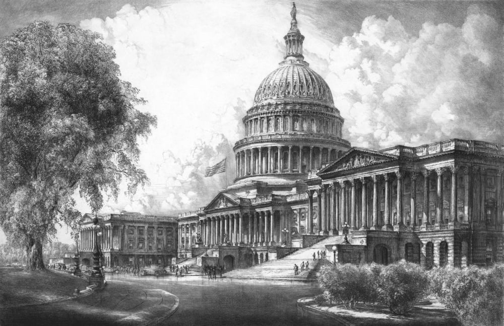 Digitally vintage print of the US Capitol Building Canvas Art - John ParrotStocktrek Images (18 x 12)