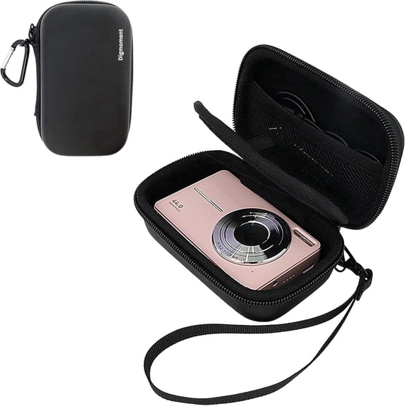Digmoment Digital Camera Case for Camkory, for KODAK PIXPRO FZ55/FZ45 16MP Digital Camera, Small Hard Shell Camera Case with Wrist Strap & Carabiner for SD Card Accessories (Black)
