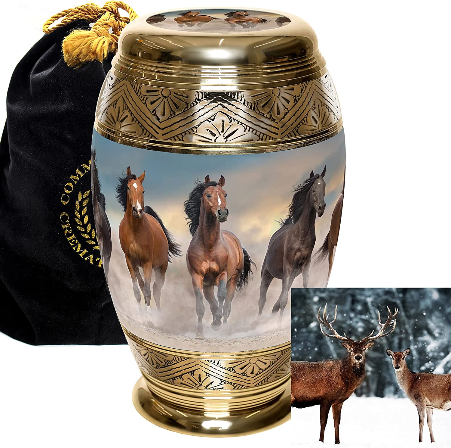 Polished Brass Deer and Horse Memorial Urn