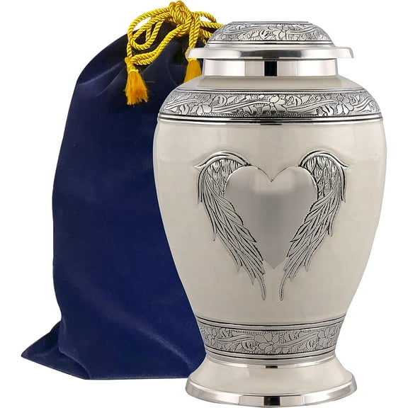 Dignity Angel Wings Urn - Loving Angel Wings Cremation Urn for Ashes - Handcrafted Angel Wings & Heart Adult Urn - Large Wings of Love Memorial Urn with Velvet Bag (White)