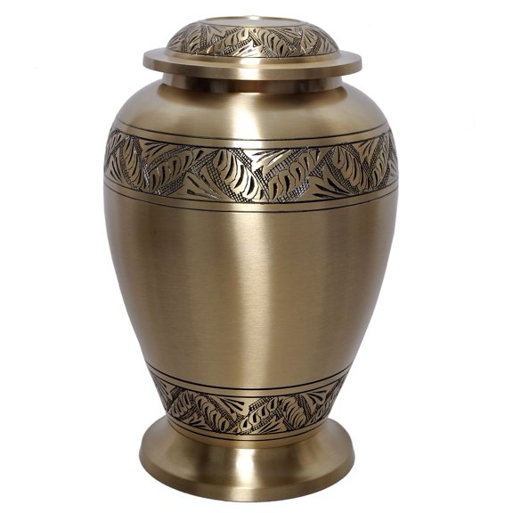 Dignity Floral Cremation Urn - Bronze Finish Large Urn - Laurel Leaf Solid Brass Urn - 100% Handcrafted Adult Funeral Urn - Large Urn with Free Bag (Gold)