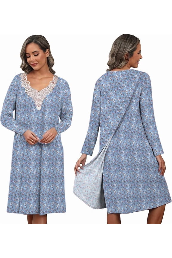 Open Back Nightgown Women Long Sleeve-Bedridden-Floral Print-Snap-Lace Trim-Patient Gown-LS-220- Blu Dits-L-XL -2