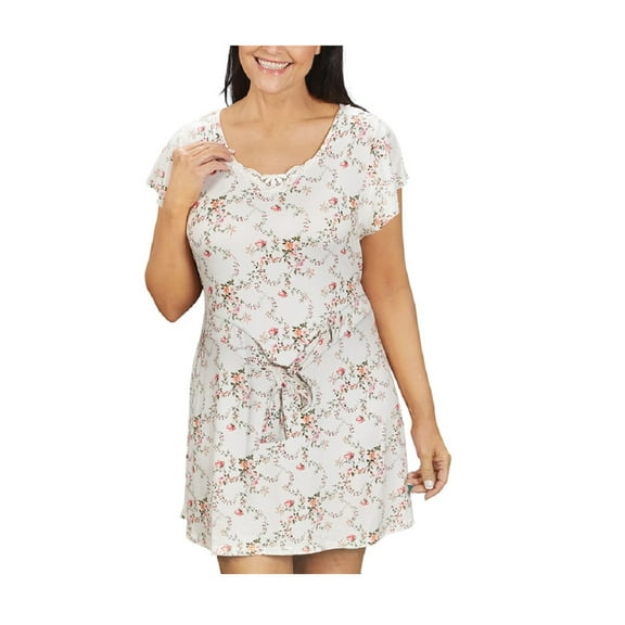 Dignity Pajamas Womens Open Back Nightgown-Back Wrap Tie-Floral Lace-Hospice Nightgown-Ivory/Pink-S