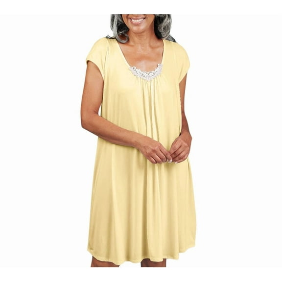 Dignity Pajamas Womens Open Back Nightgown-Cap Sleeve-Lace Trim-Bedridden Patient-Yellow-M