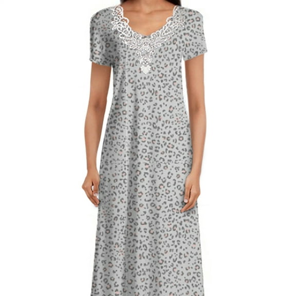 Dignity Pajamas Womens Open Back Nightgown Short Sleeve-Animal Print Lace Trim-Bedridden Patient-Blue-S