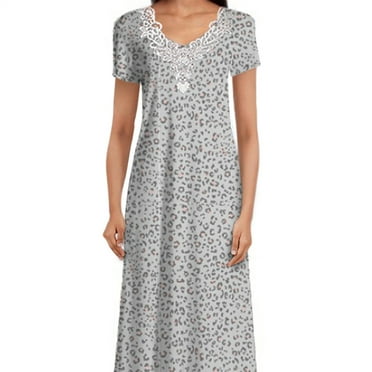 Dignity Pajamas Womens Open Back Nightgown Short Sleeve-Animal Print Lace Trim-Bedridden Patient-Blue-XL