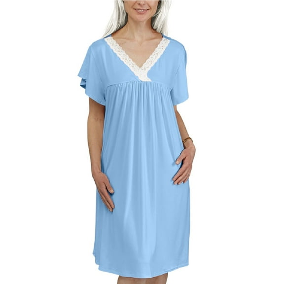 Dignity Pajamas Womens Short Sleeve Nightgown Sleepshirt Nightshirt Lace Loungewear-Blue-L