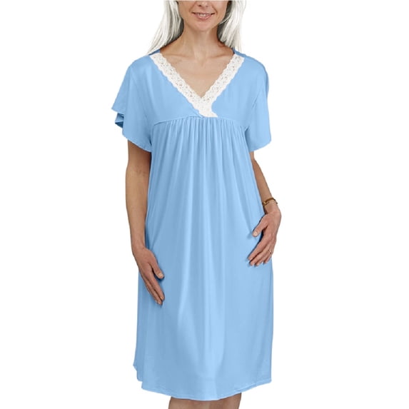 Dignity Pajamas Womens Short Sleeve Nightgown Soft Sleepshirt Empire Shirring Nightshirt Lace Trim Loungewear-Blue-S