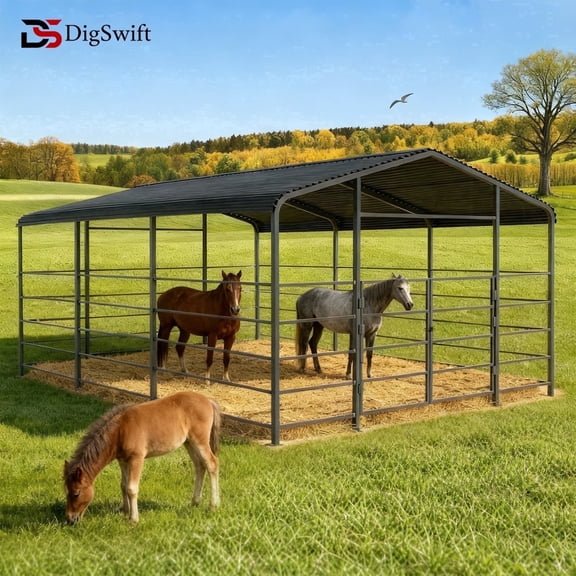 DigSwift 13 x 13 ft Heavy Duty Livestock Shelter, Galvanized Steel Animal Shelter for Cattle and Horses, Outdoor Pasture Run-In Shed