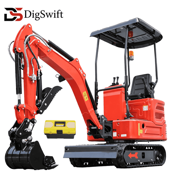 Digswift 1.4 Ton Mini Excavator, Kubota Z482 11.23HP Diesel Engine, Pilot Control,115° Swing‑Arm, Heavy‑Duty Rear Counterweight, Engine Heat Insulation, Rubber Track Small Digger with Tool Box
