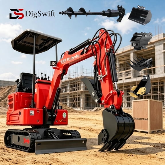 Digswift 3100LB Mini Excavator, 90% Pre-Assembled, Powered by a Kubota Diesel Engine, Shipped in Wooden Crate Packaging, Compatible with Multiple Attachments, Suitable for Various Applications.