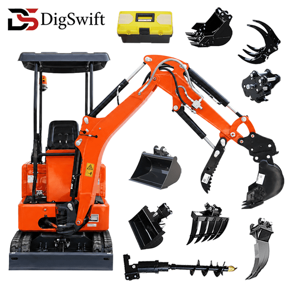 DigSwift 1.4 Ton Mini Excavator, Pilot Control, Briggs & Stratton 13.5HP Gas Motor, Side Swing Boom, Hydraulic Thumb, Rubber Track Small Digger + Attachments