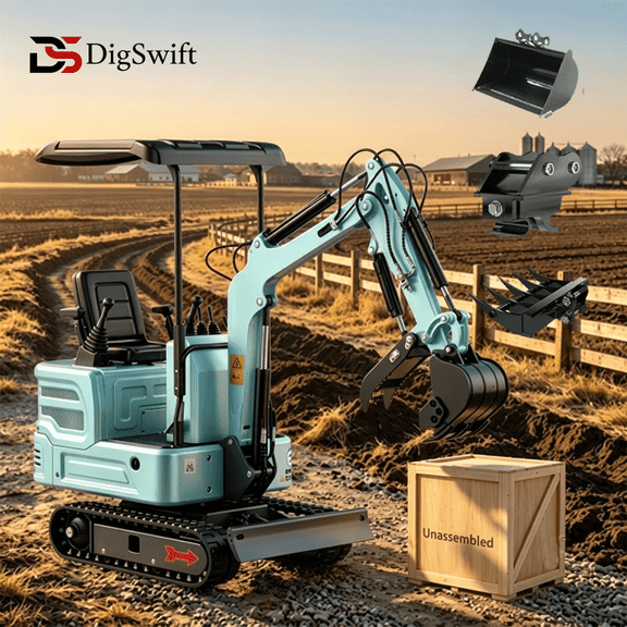Digswift 3100LB Mini Excavator, 90% Pre-Assembled, Powered by a Kubota Diesel Engine, Shipped in Wooden Crate Packaging, Compatible with Multiple Attachments, Suitable for Various Applications.