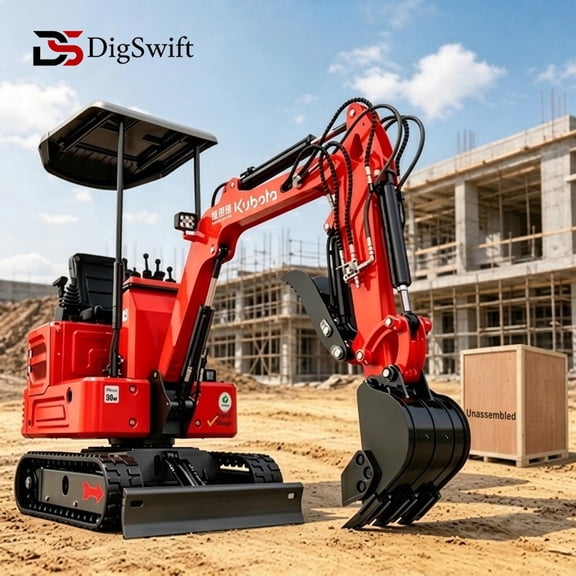 Digswift 3100LB Mini Excavator, 90% Pre-Assembled, Powered by a Kubota Diesel Engine, Shipped in Wooden Crate Packaging, Compatible with Multiple Attachments, Suitable for Various Applications.