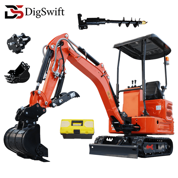 DigSwift 1.4 Ton Gas‑Powered Mini Excavator, 13.5HP Briggs & Stratton Engine, Pilot Control, 115° Swing‑Arm Function, Track Crawler Digger w/ Attachments Kits