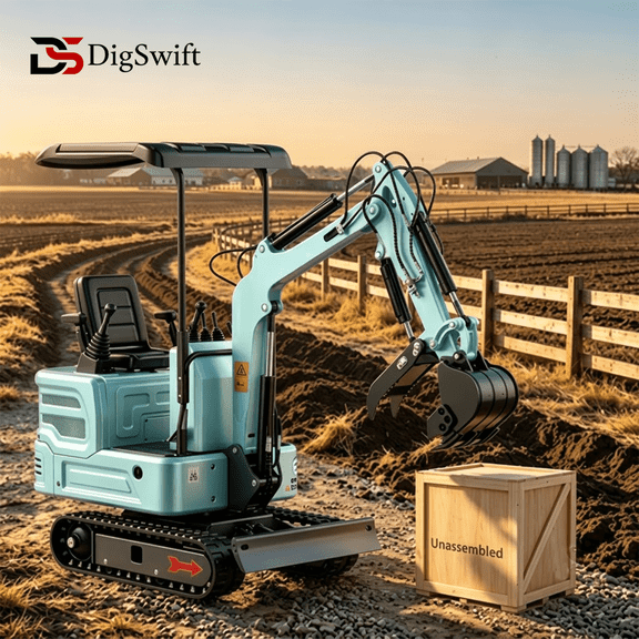 Digswift 3100LB Mini Excavator, 90% Pre-Assembled, Powered by a Kubota Diesel Engine, Shipped in Wooden Crate Packaging, Compatible with Multiple Attachments, Suitable for Various Applications.