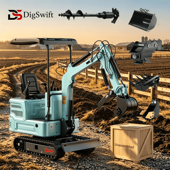 Digswift 3100LB Mini Excavator, 90% Pre-Assembled, Powered by a Kubota Diesel Engine, Shipped in Wooden Crate Packaging, Compatible with Multiple Attachments, Suitable for Various Applications.