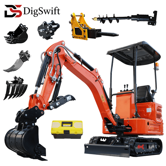 DigSwift 3100LB Compact Mini Excavator with Pilot Control, 13.5HP Briggs & Stratton Gas Engine, Hydraulic Thumb, Side Swing Boom, Complete Attachment Kit for Farm, Landscaping & Construction