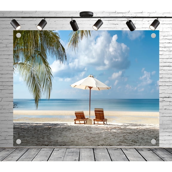 Diha 10x8ft Tropical Beach Lounge Backdrop – Wooden Chairs, White Umbrella, Palm Fronds & Turquoise Sea Banner for Wedding, Vacation Theme Party, Photo Booth Studio