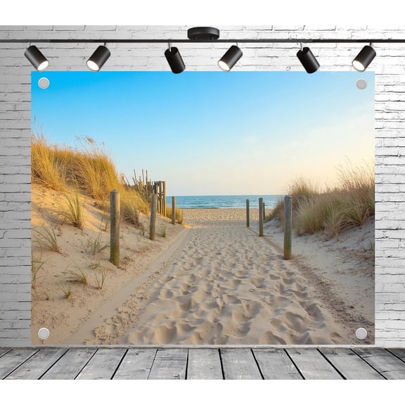 Diha 12x10ft Beach Pathway Backdrop – Sandy Trail, Dune Grass, Wooden Posts and Ocean Horizon Banner for Wedding, Coastal Party, Photo Booth, Reusable & Collapsible