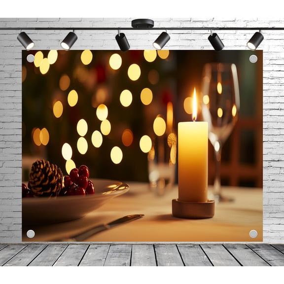 Diha 12x10ft Christmas Dinner Table Backdrop – Lit Candle, Pinecone & Berry Decor, Warm Fairy Lights & Table Setting Banner for Christmas Party, Holiday Dinner, Photo Booth Studio