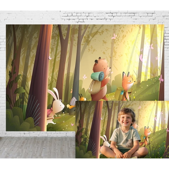 Diha 12x8ft Fabric Outdoor Background Cartoon Illustration Style Forest Adventure Scene Picnic Camping Hiking Home Decoration Photography Background