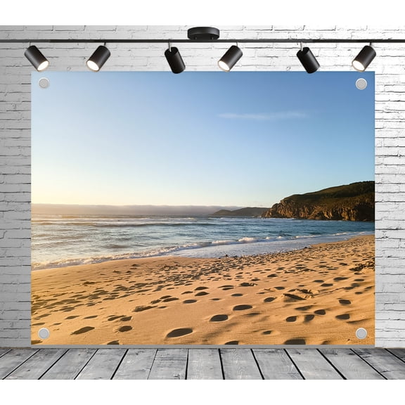 Diha 12x8ft Footprint Beach Backdrop – Golden Sand, Ocean Waves & Distant Cliffs Banner for Wedding, Birthday, Beach Theme Party, Photo Booth Studio