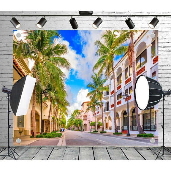 Diha 12x8ft Tropical Streetscape Backdrop – Palm Trees, Arched Villas and Blue Sky Banner for Wedding, Party, Photo Booth, Reusable & Collapsible