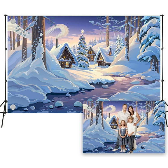 Diha 4x6ft Winter Christmas Backdrop – Snowy Cabins and Lit Tree for Xmas Party, Birthday, Baby Shower, Winter Theme Event, Photo Booth Studio, Collapsible and Easy-Care