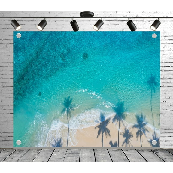 Diha 5x3ft Aerial Beach Backdrop – Coconut Shadows, Golden Sand and Turquoise Surf Banner for Wedding, Party, Photo Booth, Reusable & Collapsible
