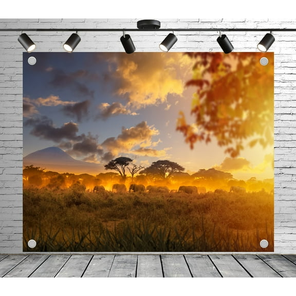 Diha 5x3ft African Grassland Sunset Backdrop – Elephant Herd, Acacia Trees, Kilimanjaro Silhouette & Golden Sky Banner for Safari Theme Party, Wildlife Event, Photo Booth Studio