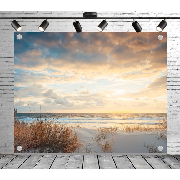 Diha 5x3ft Beach Dune Sunset Backdrop – Sandy Shore, Dry Grass, Ocean Wave & Golden Clouds back drop for Wedding, Birthday, Theme Party, Photo Booth Studio