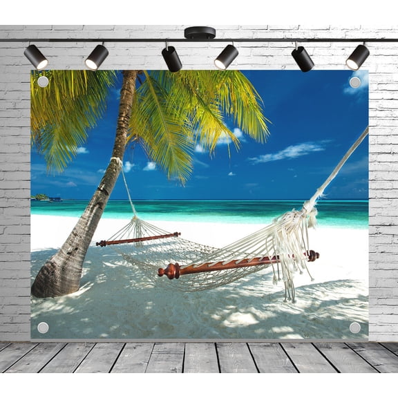Diha 5x3ft Beach Hammock Backdrop – Coconut Tree, Turquoise Sea and White Sand Banner for Wedding, Party, Photo Booth, Reusable & Collapsible