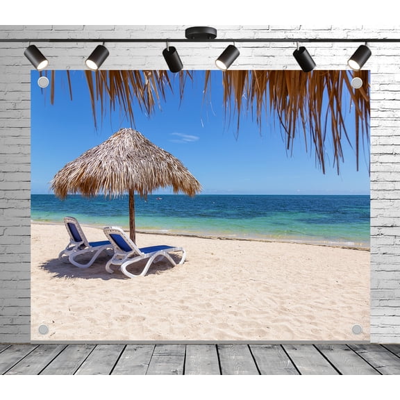 Diha 5x3ft Beach Lounge Chair Backdrop – Thatched Umbrella, Blue Chairs and Turquoise Sea Banner for Wedding, Party, Photo Booth, Reusable & Collapsible