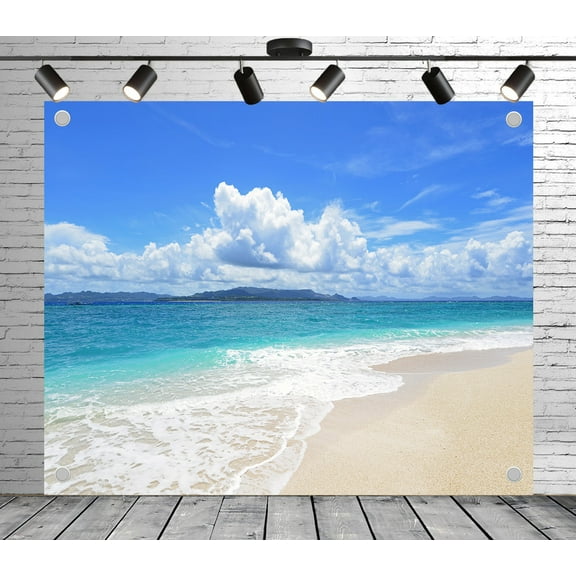 Diha 5x3ft Beach Wave Backdrop – White Sand, Turquoise Sea and Cloudy Sky Banner for Wedding, Party, Photo Booth, Reusable Room Backdrop