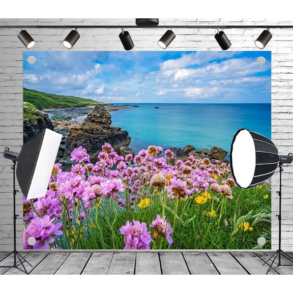 Diha 5x3ft Coastal Wildflower Backdrop – Pink Thrift, Yellow Blooms, Rocky Shore and Turquoise Sea Banner for Wedding, Nature Party, Photo Booth, Reusable & Collapsible