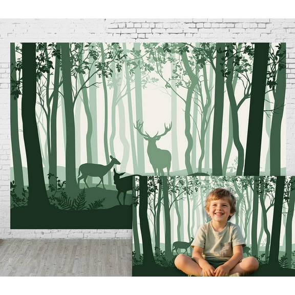 Diha 5x3ft Fabric Outdoor Background Silhouette Illustration Style Forest Deer Herd Picnic Camping Hiking Home Decoration Photography Background