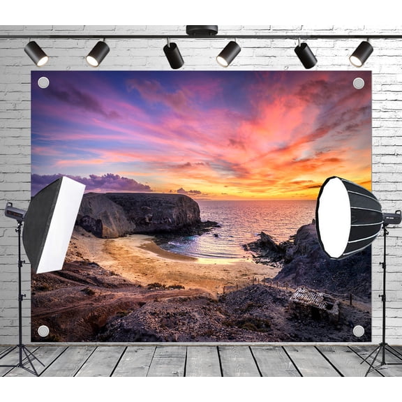 Diha 5x3ft Rocky Coastal Cove Backdrop – Golden Sand, Ocean Inlet & Vibrant Sunset Sky Banner for Wedding, Birthday, Nature Theme Party, Photo Booth Studio