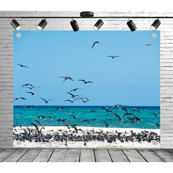 Diha 5x3ft Seabird Colony Beach Backdrop – Flocking Birds, Turquoise Ocean, White Sand and Clear Sky Banner for Nature Party, Birdwatching Event, Photo Booth, Reusable & Collapsible
