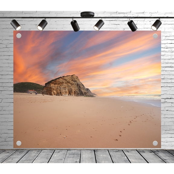 Diha 5x3ft Sunset Beach Backdrop – Sandy Shore and Cliff Rock Photography Background for Wedding, Birthday, Photo Booth, Summer Party