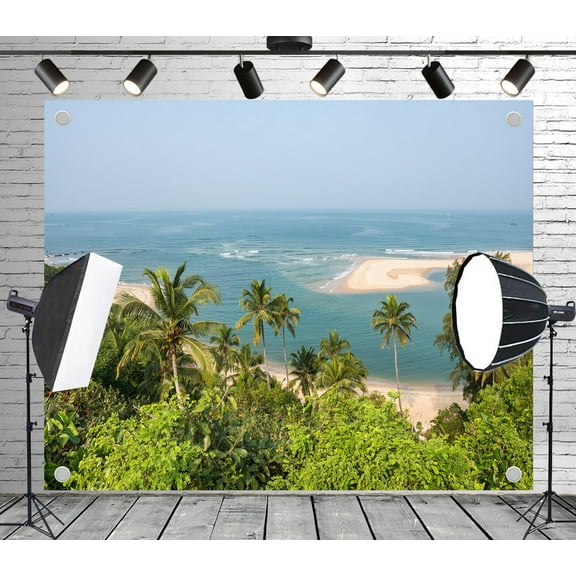 Diha 5x3ft Tropical Oasis Backdrop – Palm Trees, Lush Greenery, Turquoise Water and Sandy Spits Banner for Wedding, Party, Photo Booth, Reusable & Collapsible