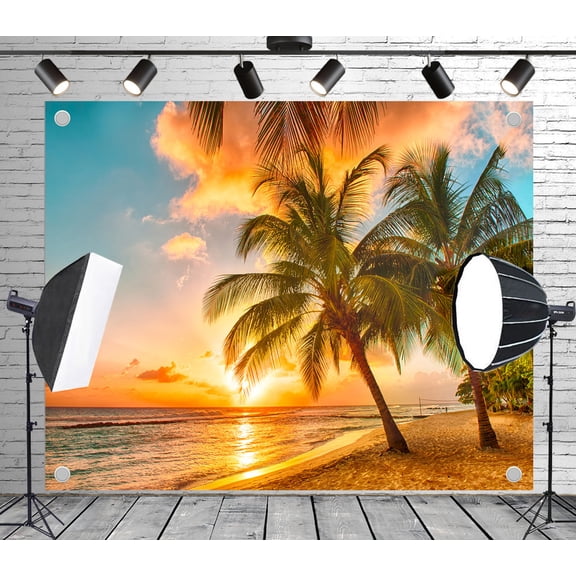 Diha 5x3ft Tropical Sunset Beach Backdrop – Coconut Palms, Golden Sand, Fiery Sky & Ocean Waves Banner for Wedding, Birthday, Beach Theme Party, Photo Booth Studio
