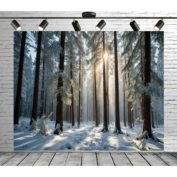 Diha 5x3ft Winter Forest Backdrop, Coniferous Trees Snow Sunlight, Backdrop for Party Decoration, Outdoor Theme Bedroom Wedding Day Photoshoot Background, Kids Game Video Studio Props
