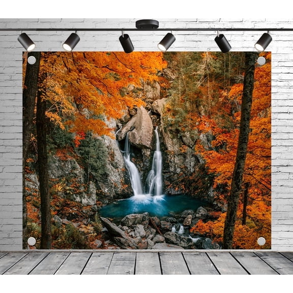 Diha 5x4ft Autumn Waterfall Backdrop – Vibrant Fall Foliage, Twin Cascades, Turquoise Pool & Rocky Cliff Banner for Wedding, Autumn Theme Party, Photo Booth Studio
